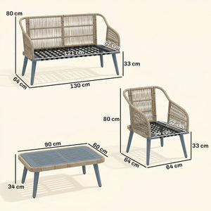 4 Piece Rattan Garden Furniture Set with Loveseat, 2 Armchairs, Acacia Wood Table, Steel Frame 4 Seater Wicker Patio Conversation Set with Thick Cushions for Outdoor, Grey