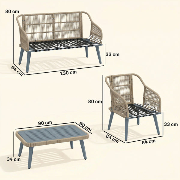 4 Piece Rattan Garden Furniture Set with Loveseat, 2 Armchairs, Acacia Wood Table, Steel Frame 4 Seater Wicker Patio Conversation Set with Thick Cushions for Outdoor, Grey