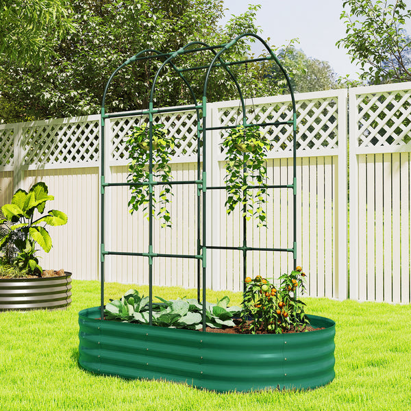 Galvanised Raised Garden Bed with Arched Trellis, 5 x 3 x 6ft Metal Outdoor Planter Box with Open Bottom Design, Modular Raised Bed with Gloves for Vegetable Flower, Easy Assembly, Green