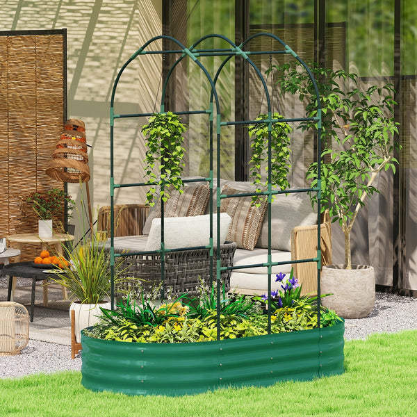 Galvanised Raised Garden Bed with Arched Trellis, 5 x 3 x 6ft Metal Outdoor Planter Box with Open Bottom Design, Modular Raised Bed with Gloves for Vegetable Flower, Easy Assembly, Green