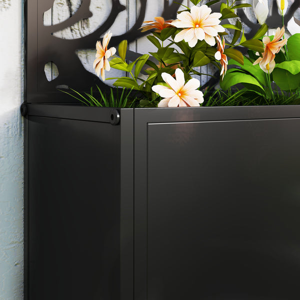 Metal Raised Garden Bed with Trellis for Climbing Plants, Freestanding or Wall Mounted Flower Bed with Privacy Panel, Leaves Cut-Outs Outdoor Planter Box for Garden, Patio, Balcony