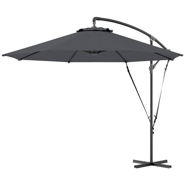 9.5FT Cantilever Patio Umbrella with Wind Strap, Cover, Round Offset Hanging Umbrella with 360°Rotation, Crank and Cross Base for Garden, Deck, Yard and Pool, UPF50+, Grey