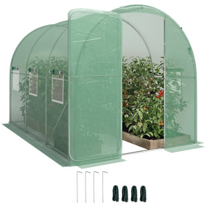 7' x 10' Walk-in Polytunnel Greenhouse with Hinged Door and 6 Roll Up Mesh Windows, Garden Tunnel Warm House Tent with UV-resistant PE Cover, Galvanised Steel Frame, Green