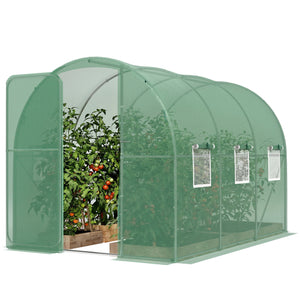 7' x 10' Walk-in Polytunnel Greenhouse with Hinged Door and 6 Roll Up Mesh Windows, Garden Tunnel Warm House Tent with UV-resistant PE Cover, Galvanised Steel Frame, Green