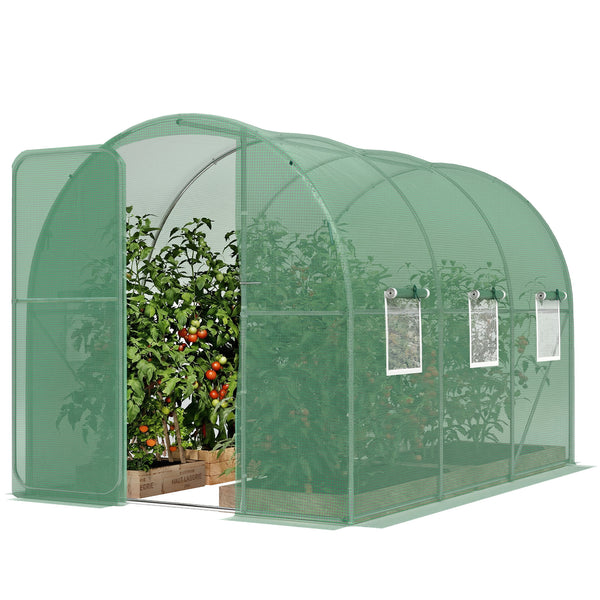 7' x 10' Walk-in Polytunnel Greenhouse with Hinged Door and 6 Roll Up Mesh Windows, Garden Tunnel Warm House Tent with UV-resistant PE Cover, Galvanised Steel Frame, Green
