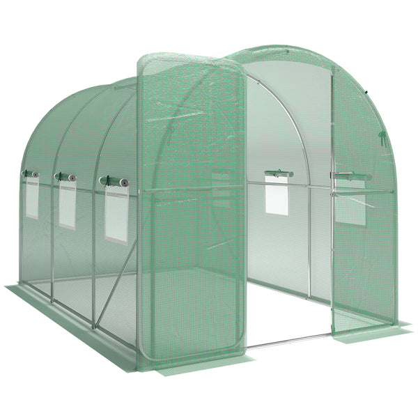 7' x 10' Walk-in Polytunnel Greenhouse with Hinged Door and 6 Roll Up Mesh Windows, Garden Tunnel Warm House Tent with UV-resistant PE Cover, Galvanised Steel Frame, Green