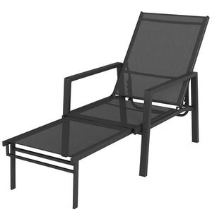 Sun Lounger with Retractable Footrest, 5-Position Adjustable Reclining Garden Lounger, Garden Chaise Lounge Sunbed Recliner Chair with Steel Frame for Beach, Porch, Patio, Camping, Black
