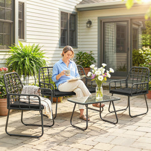 4 Piece Rattan Garden Furniture Set, Outdoor Patio Furniture with Loveseat, Armchairs and Coffee Table, Indoor Balcony Conservatory Set with Cushions for Garden, Poolside, Black