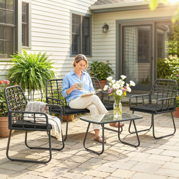 4 Piece Rattan Garden Furniture Set, Outdoor Patio Furniture with Loveseat, Armchairs and Coffee Table, Indoor Balcony Conservatory Set with Cushions for Garden, Poolside, Black