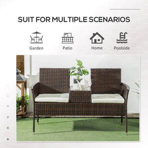 2 Seat Rattan Garden Bench, Patio Wicker Chair with Glass Tea Table, Outdoor Love Seat with Padded Cushions, for Garden, Porch, Poolside, Brown/Cream White