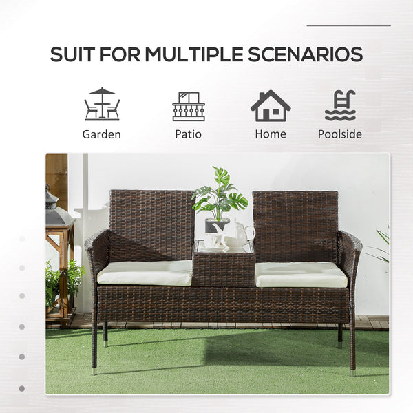 2 Seat Rattan Garden Bench, Patio Wicker Chair with Glass Tea Table, Outdoor Love Seat with Padded Cushions, for Garden, Porch, Poolside, Brown/Cream White