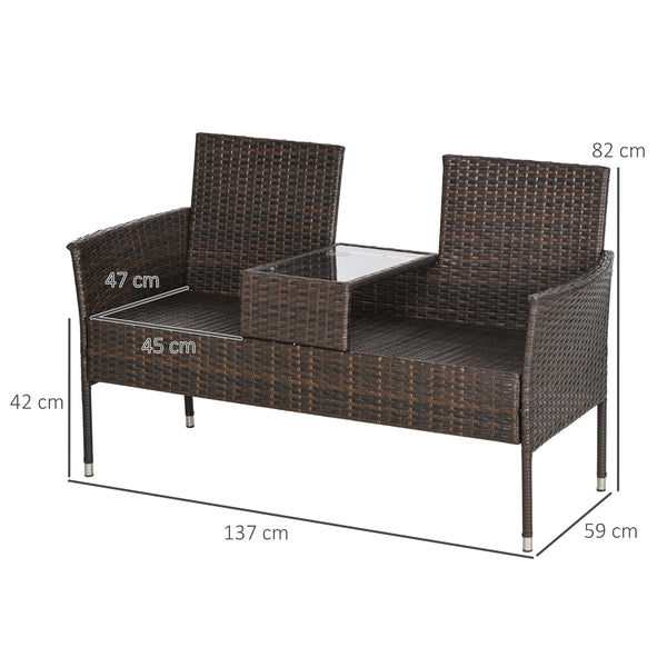 2 Seat Rattan Garden Bench, Patio Wicker Chair with Glass Tea Table, Outdoor Love Seat with Padded Cushions, for Garden, Porch, Poolside, Brown/Cream White