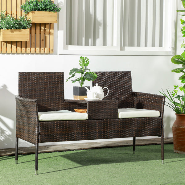 2 Seat Rattan Garden Bench, Patio Wicker Chair with Glass Tea Table, Outdoor Love Seat with Padded Cushions, for Garden, Porch, Poolside, Brown/Cream White