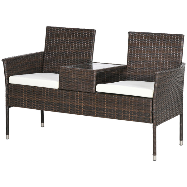 2 Seat Rattan Garden Bench, Patio Wicker Chair with Glass Tea Table, Outdoor Love Seat with Padded Cushions, for Garden, Porch, Poolside, Brown/Cream White
