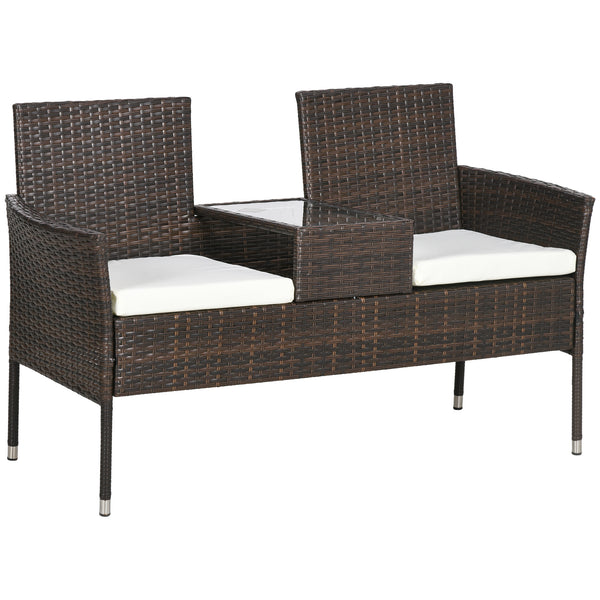 2 Seat Rattan Garden Bench, Patio Wicker Chair with Glass Tea Table, Outdoor Love Seat with Padded Cushions, for Garden, Porch, Poolside, Brown/Cream White