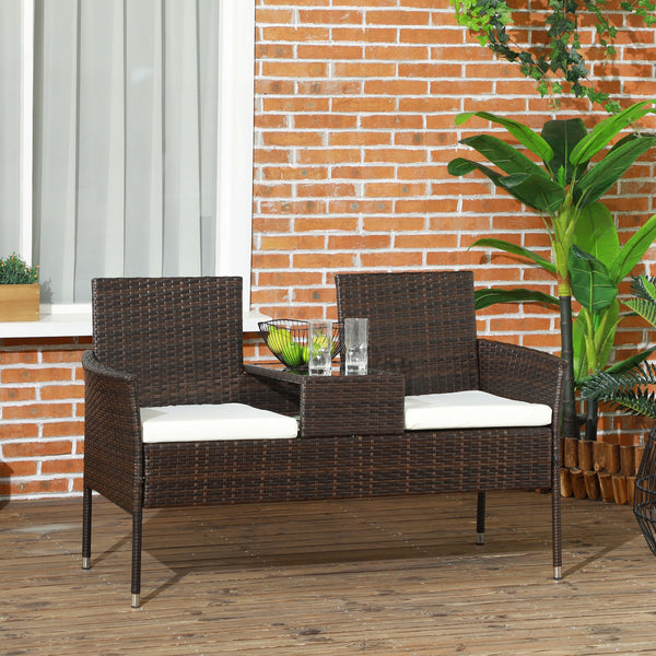 2 Seat Rattan Garden Bench, Patio Wicker Chair with Glass Tea Table, Outdoor Love Seat with Padded Cushions, for Garden, Porch, Poolside, Brown/Cream White