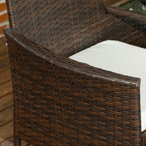 2 Seat Rattan Garden Bench, Patio Wicker Chair with Glass Tea Table, Outdoor Love Seat with Padded Cushions, for Garden, Porch, Poolside, Brown/Cream White