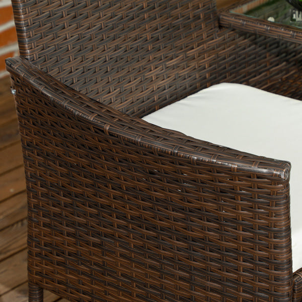 2 Seat Rattan Garden Bench, Patio Wicker Chair with Glass Tea Table, Outdoor Love Seat with Padded Cushions, for Garden, Porch, Poolside, Brown/Cream White