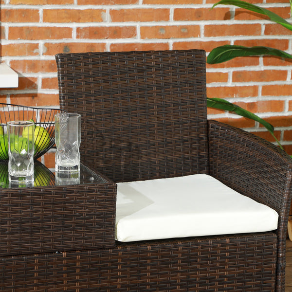 2 Seat Rattan Garden Bench, Patio Wicker Chair with Glass Tea Table, Outdoor Love Seat with Padded Cushions, for Garden, Porch, Poolside, Brown/Cream White