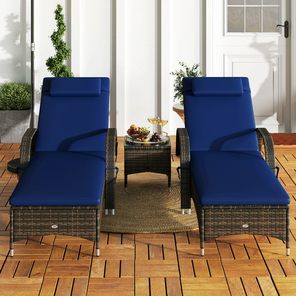 Outsunny 3-Piece Wicker Outdoor Lounge Chairs Set with Side Table, PE Rattan Patio Lounge Chair Set with 5-Level Adjustable Backrest, Wheels, Cushion & Headrest, Chaise Lounge Chair Set, Dark Blue