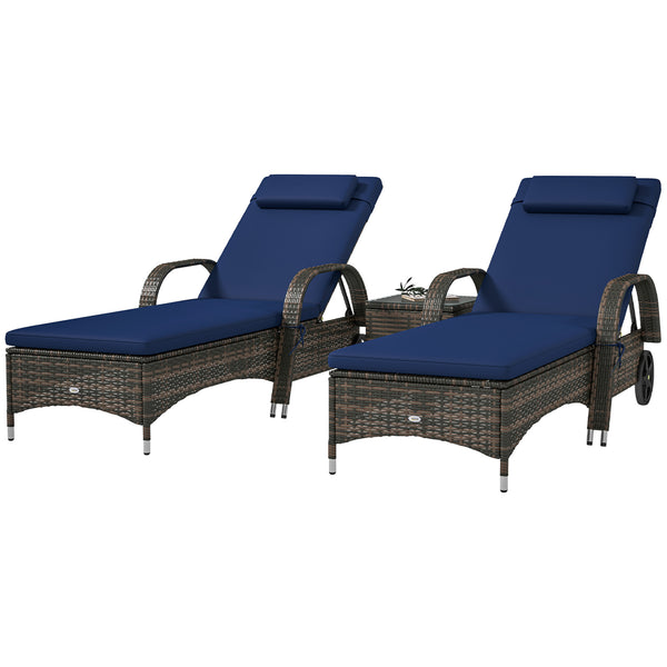 Outsunny 3-Piece Wicker Outdoor Lounge Chairs Set with Side Table, PE Rattan Patio Lounge Chair Set with 5-Level Adjustable Backrest, Wheels, Cushion & Headrest, Chaise Lounge Chair Set, Dark Blue