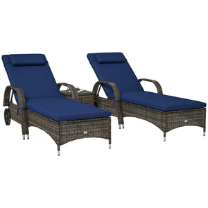 Outsunny 3-Piece Wicker Outdoor Lounge Chairs Set with Side Table, PE Rattan Patio Lounge Chair Set with 5-Level Adjustable Backrest, Wheels, Cushion & Headrest, Chaise Lounge Chair Set, Dark Blue