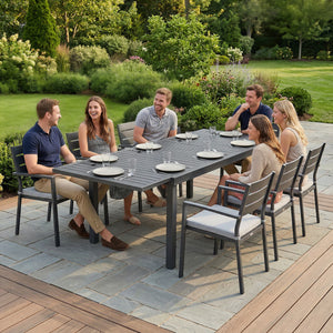Extending Garden Table for 6-8 People, Full Aluminium Outdoor Dining Table with Slatted Top, Weatherproof Outdoor Dining Furniture for Patio, Balcony, 150/225 x 85 x 75 cm, Dark Grey