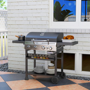 4+1 Gas Burner Grill, 12.5 kW Propane Gas Barbecue BBQ Grill with Wheels, Warming Rack, Shelves, Thermometer, Bottle Opener, Black