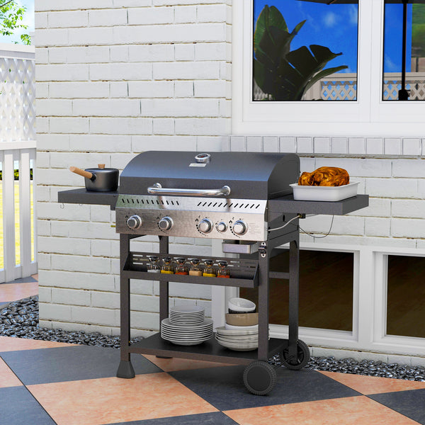 4+1 Gas Burner Grill, 12.5 kW Propane Gas Barbecue BBQ Grill with Wheels, Warming Rack, Shelves, Thermometer, Bottle Opener, Black
