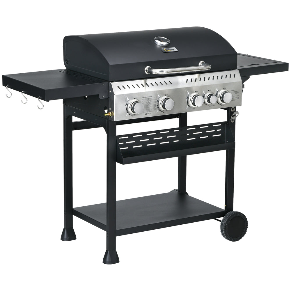 4+1 Gas Burner Grill, 12.5 kW Propane Gas Barbecue BBQ Grill with Wheels, Warming Rack, Shelves, Thermometer, Bottle Opener, Black