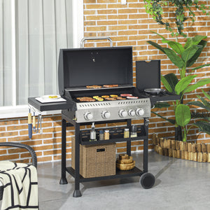 4+1 Gas Burner Grill, 12.5 kW Propane Gas Barbecue BBQ Grill with Wheels, Warming Rack, Shelves, Thermometer, Bottle Opener, Black