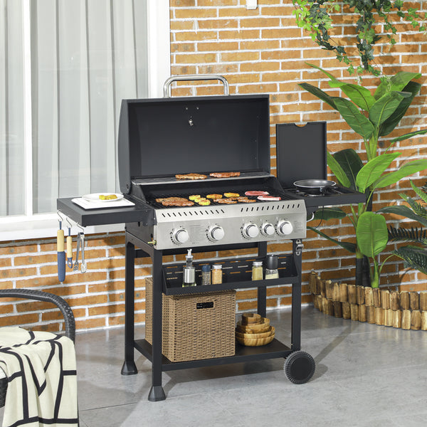 4+1 Gas Burner Grill, 12.5 kW Propane Gas Barbecue BBQ Grill with Wheels, Warming Rack, Shelves, Thermometer, Bottle Opener, Black