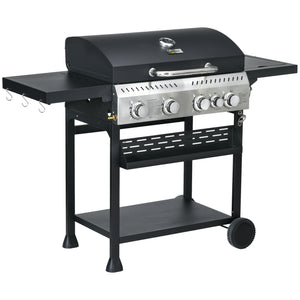 4+1 Gas Burner Grill, 12.5 kW Propane Gas Barbecue BBQ Grill with Wheels, Warming Rack, Shelves, Thermometer, Bottle Opener, Black