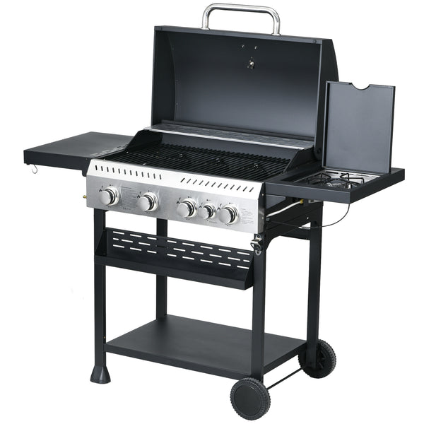 4+1 Gas Burner Grill, 12.5 kW Propane Gas Barbecue BBQ Grill with Wheels, Warming Rack, Shelves, Thermometer, Bottle Opener, Black