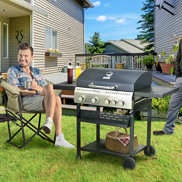 4+1 Gas Burner Grill, 12.5 kW Propane Gas Barbecue BBQ Grill with Wheels, Warming Rack, Shelves, Thermometer, Bottle Opener, Black