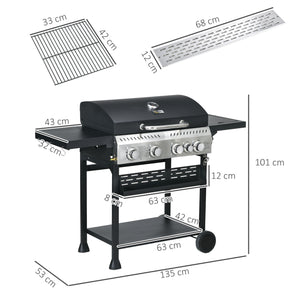 4+1 Gas Burner Grill, 12.5 kW Propane Gas Barbecue BBQ Grill with Wheels, Warming Rack, Shelves, Thermometer, Bottle Opener, Black