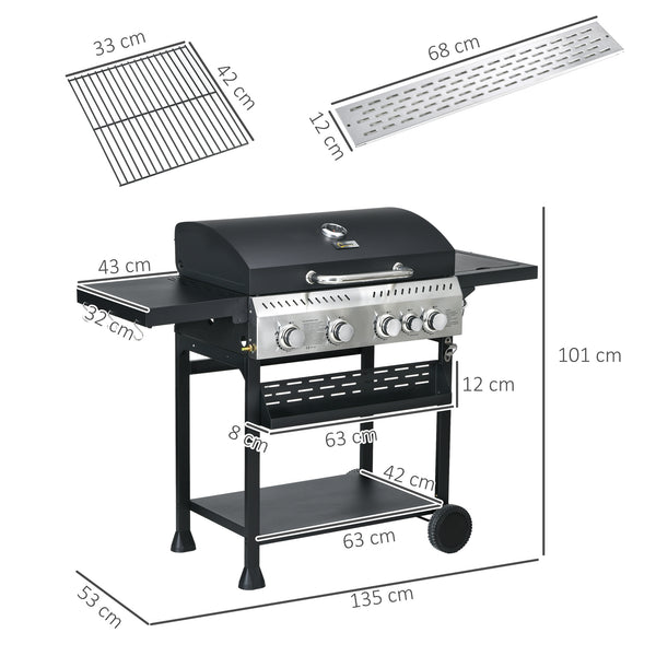 4+1 Gas Burner Grill, 12.5 kW Propane Gas Barbecue BBQ Grill with Wheels, Warming Rack, Shelves, Thermometer, Bottle Opener, Black