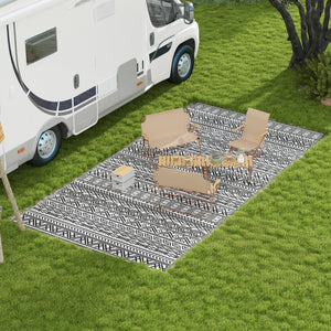 Portable Outdoor Rug with Carry Bag, 9' x 18' Reversible Mat, Waterproof Plastic Straw RV Rug for Backyard, Deck, Picnic, Beach, Camping, Grey and Cream White Boho