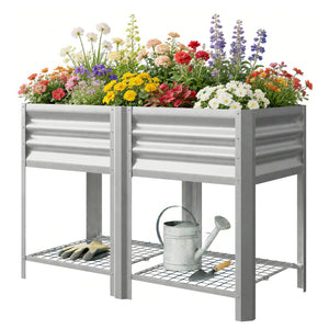 Galvanized Steel Raised Garden Bed, Elevated Planter Box with Legs and Storage Shelf, Raised Planter for Vegetables, Flowers, Herbs, for Outdoor, Patio, Yard, Silver
