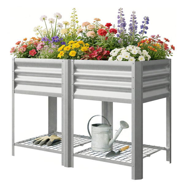 Galvanized Steel Raised Garden Bed, Elevated Planter Box with Legs and Storage Shelf, Raised Planter for Vegetables, Flowers, Herbs, for Outdoor, Patio, Yard, Silver