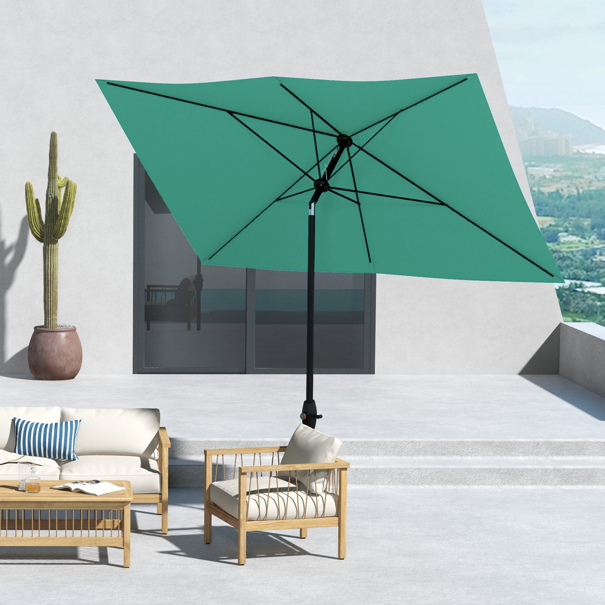 half rectangle patio umbrella Outsunny Teal Rectangular Patio Umbrella 6.6 X 10 ft, Outdoor Table Market Umbrella with Crank & Push Button Tilt