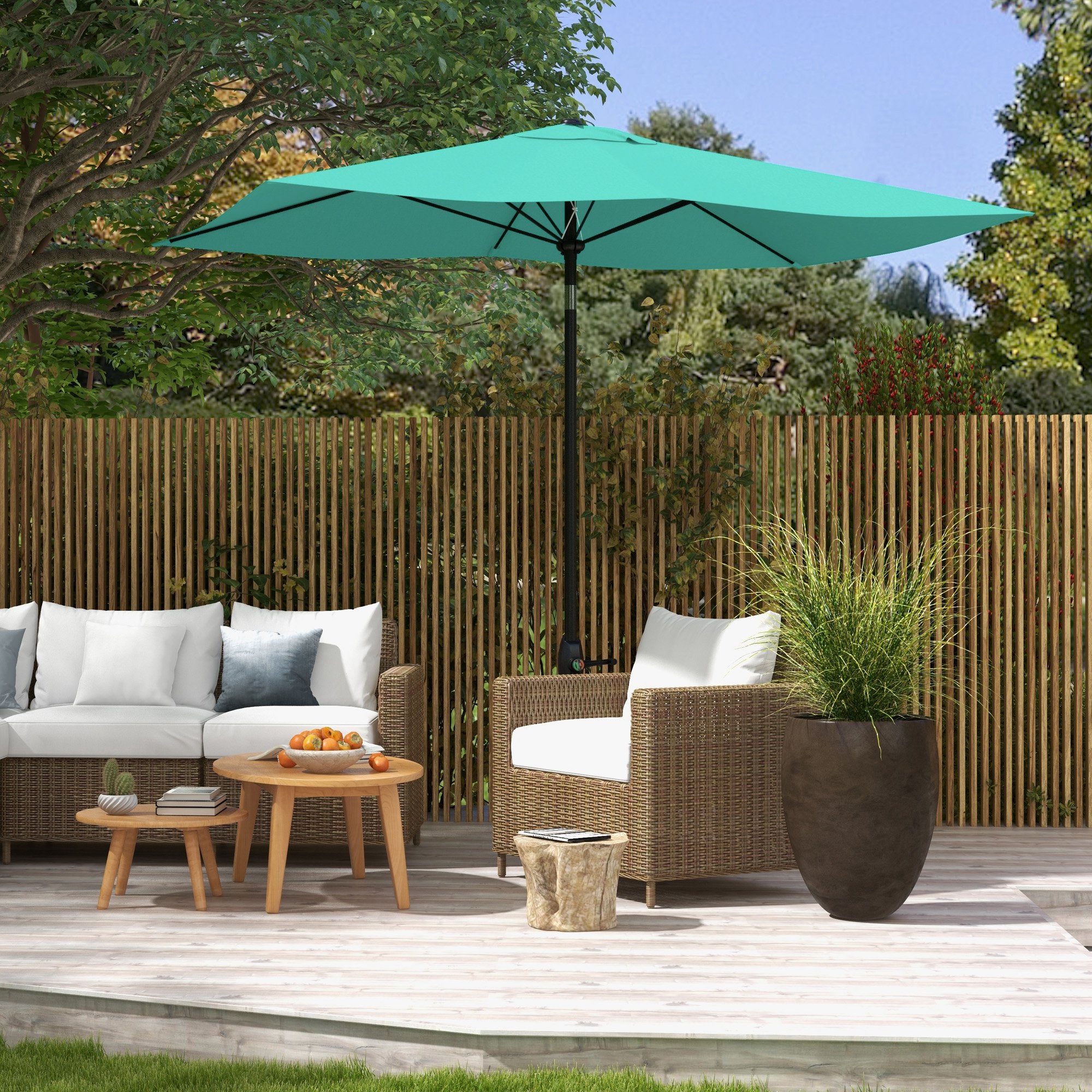 7-ft push-button tilt rectangular patio umbrella Outsunny Teal Rectangular Patio Umbrella 6.6 X 10 ft, Outdoor Table Market Umbrella with Crank & Push Button Tilt