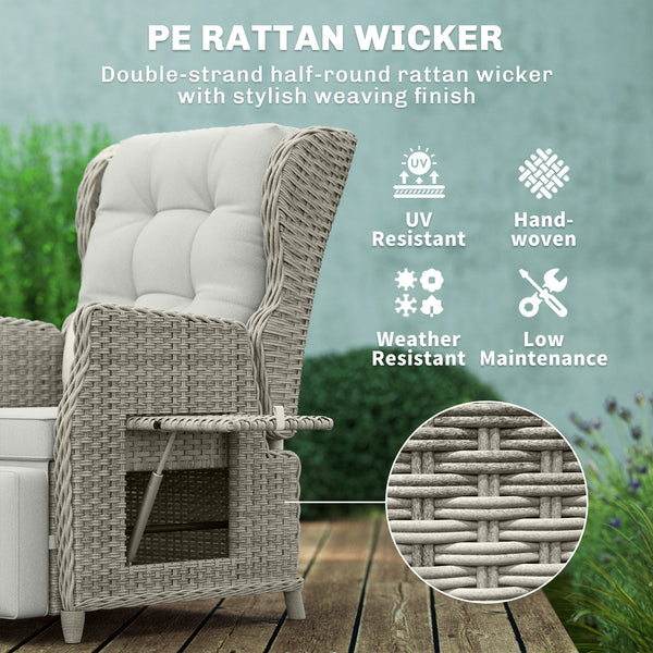 Rattan Garden Recliner Chair, Reclining Garden Chair with Adjustable Backrest and Footrest, Flip Table, Cushion, PE Wicker Outdoor Lounge Armchair Sun Lounger for Patio, Balcony, Light Grey