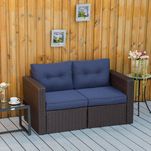 Outsunny 2 Piece Patio Wicker Corner Sofa Set, Outdoor PE Rattan Furniture, with Curved Armrests and Padded Cushions for Balcony, Garden, or Lawn, Lawn, Dark Blue