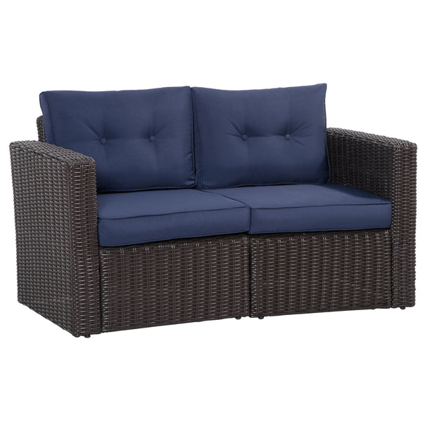 Outsunny 2 Piece Patio Wicker Corner Sofa Set, Outdoor PE Rattan Furniture, with Curved Armrests and Padded Cushions for Balcony, Garden, or Lawn, Lawn, Dark Blue