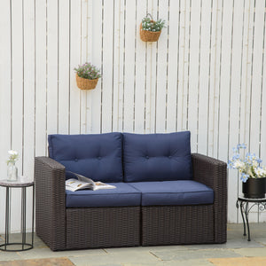 Outsunny 2 Piece Patio Wicker Corner Sofa Set, Outdoor PE Rattan Furniture, with Curved Armrests and Padded Cushions for Balcony, Garden, or Lawn, Lawn, Dark Blue