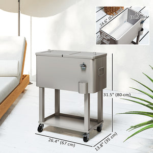 60 Quart Rolling Patio Cooler Cart, Portable Outdoor Cooler with Locking Wheels, Storage Shelf, Steel Bottle Opener, Ice Chest for Patio Backyard Party BBQ, Silver