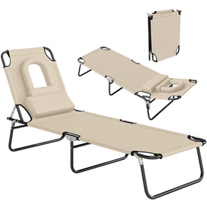 Adjustable Outdoor Lounge Chair, Garden Folding Chaise Lounge with Face Hole Reclining Tanning Chair Seat, Folding Camping Beach Lounging Bed w/ Support Pillow, Beige
