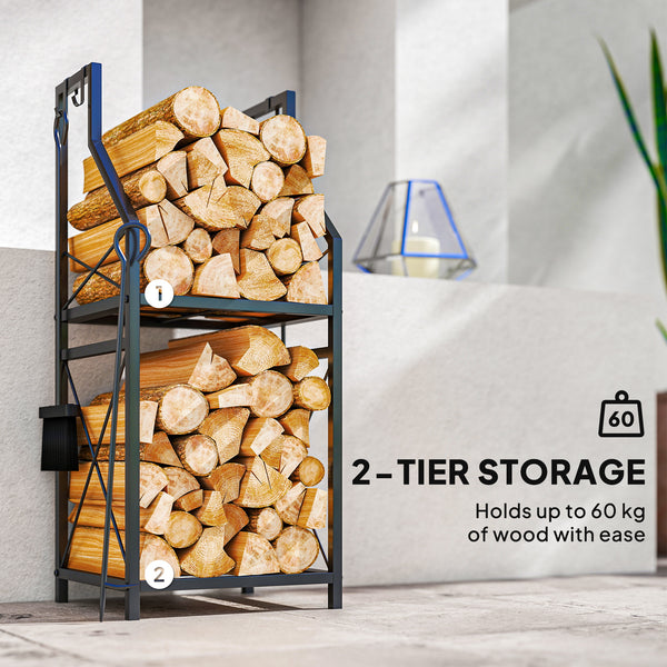 13 Inch Firewood Log Rack with 4 Tools, 2-Tier Heavy Duty Steel Log Store Indoors with Hooks, 132 lb Capacity Fireplace Log Storage Holder for Indoor/Outdoor, Black