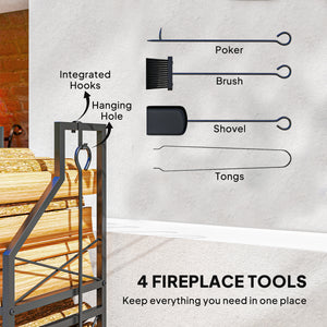 13 Inch Firewood Log Rack with 4 Tools, 2-Tier Heavy Duty Steel Log Store Indoors with Hooks, 132 lb Capacity Fireplace Log Storage Holder for Indoor/Outdoor, Black